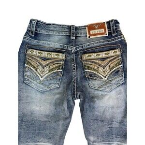 Y2K Embroidered Bootcut Jeans Tribal Western Distressed Denim 32 Recondo LA